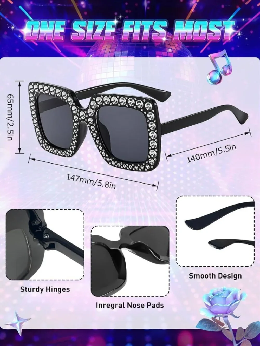 70s Oversized Square Rhinestone Sunglasses - 48 Pack Disco Party Favors